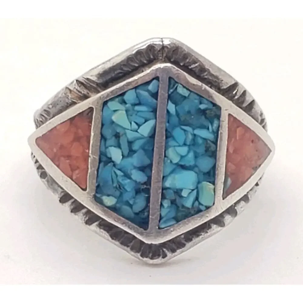 Vintage Native American Navajo Turquoise Coral Inlay Sterling Silver Ring 5.75